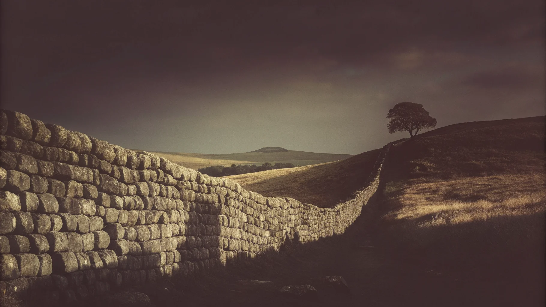Hadrian's Wall snaking over the Northumberland hills at dusk, the sky glowing terracotta and sand over dark moorland