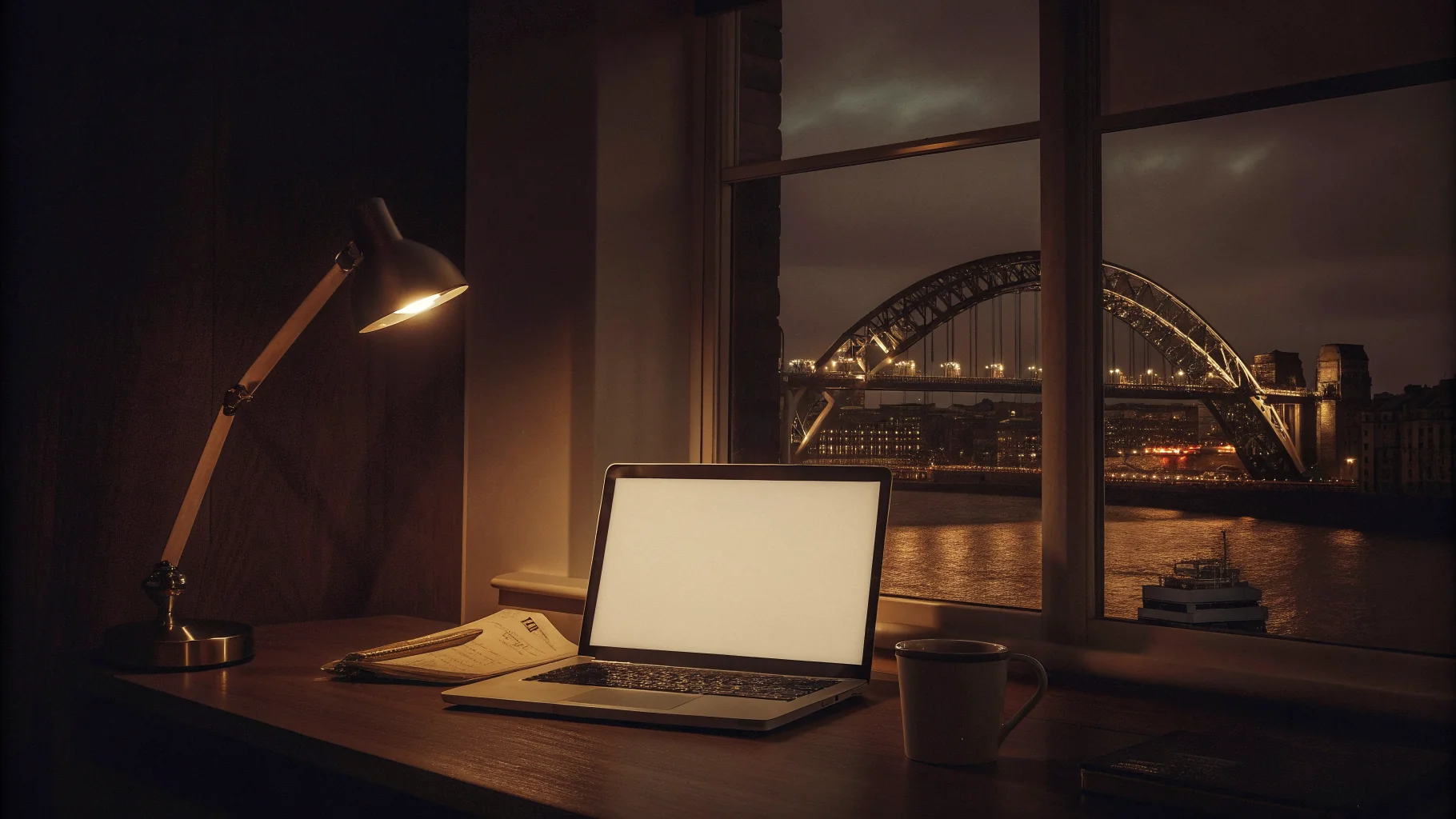 A web designer's desk at dusk in a studio overlooking the River Tyne and its bridges in Newcastle, warm lamp light, laptop glowing, terracotta and sand tones