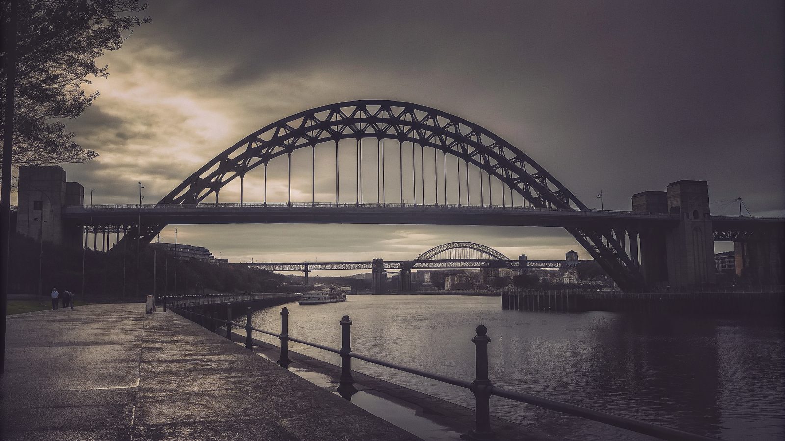 The Tyne Bridge at dusk from the Newcastle quayside
