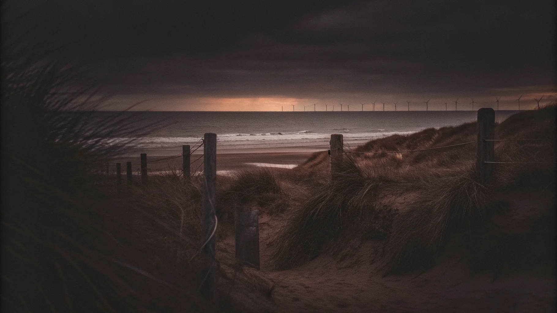 Illustration of the Northumberland coast at dusk: dunes and fence posts in the foreground, offshore wind turbines on the horizon
