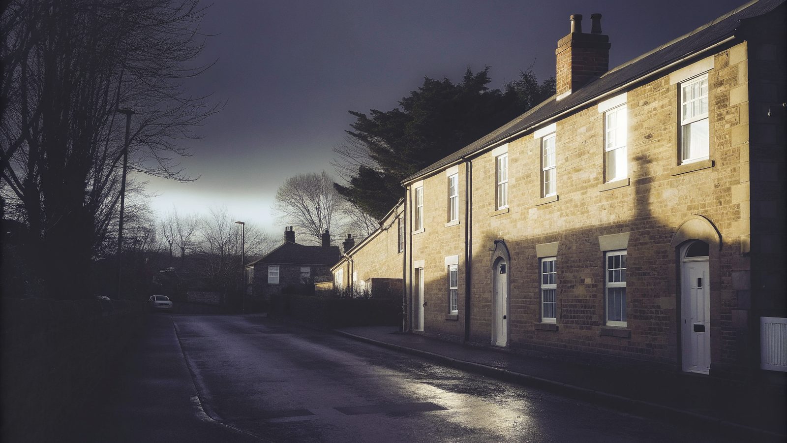 A terrace of sandstone cottages on a quiet village street at dusk, warm light on the stone and a wet road reflecting the sky