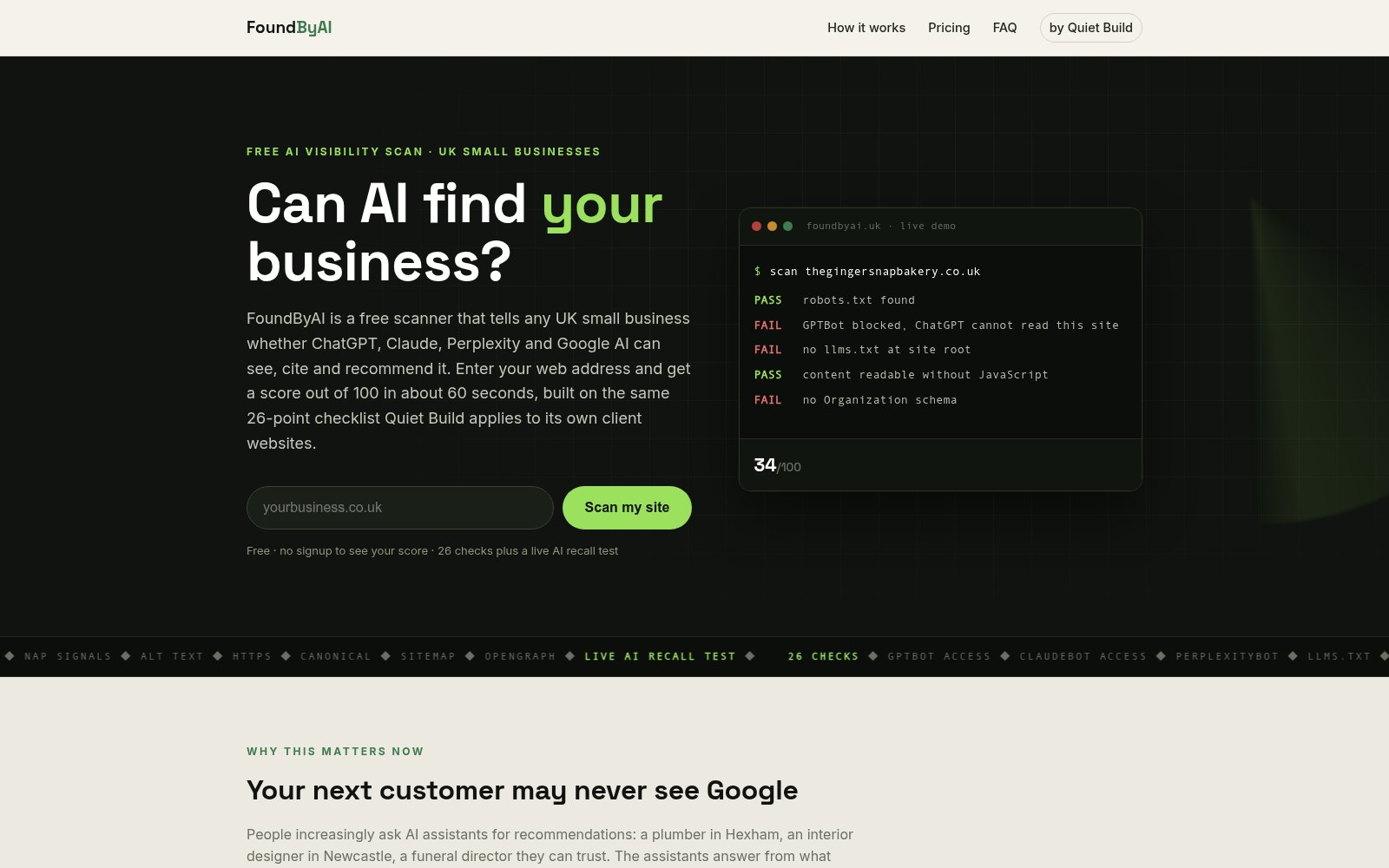 FoundByAI AI visibility scanner website